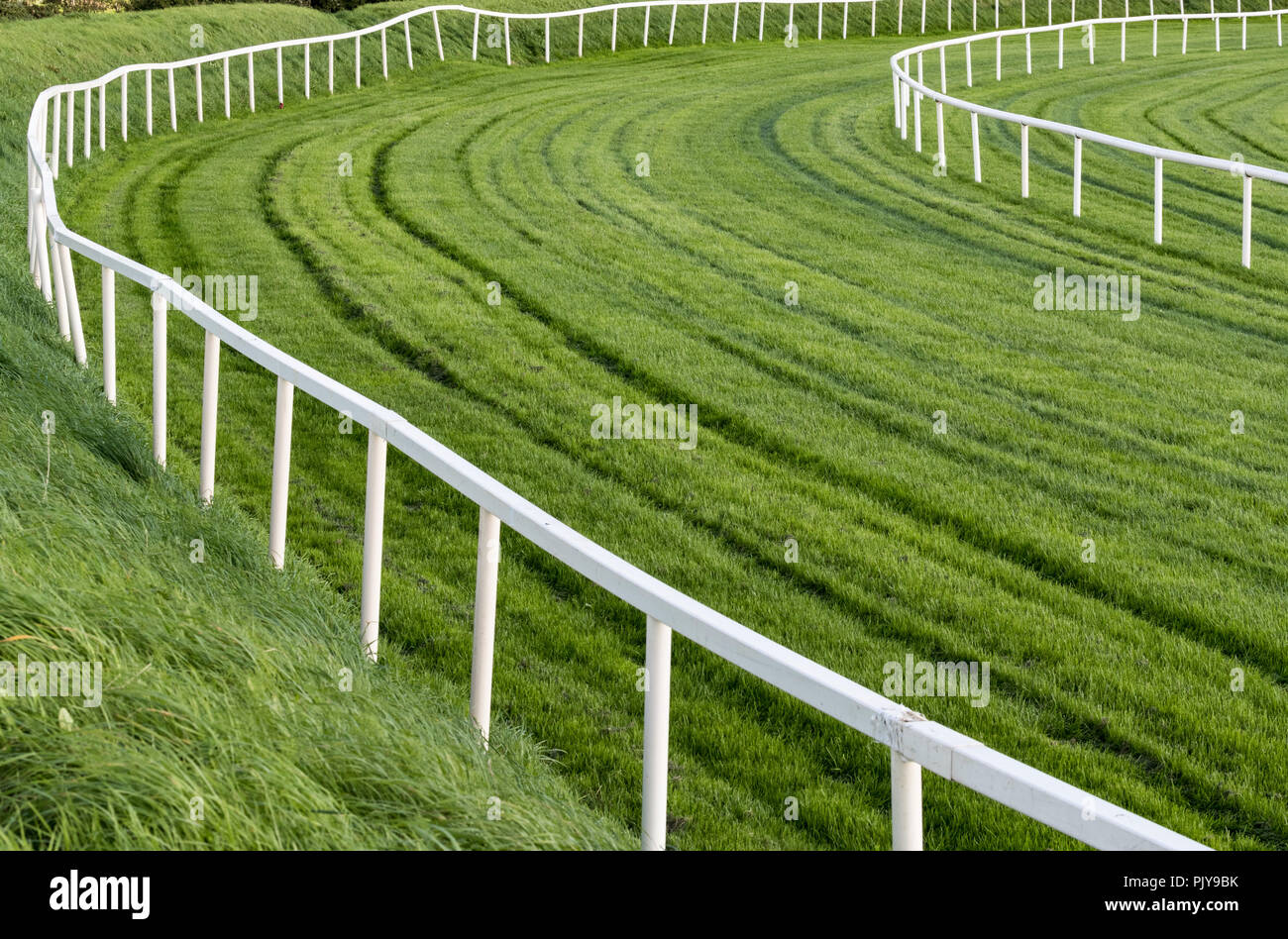 Lush green vibrant grass and railing bend of a race horse track Stock