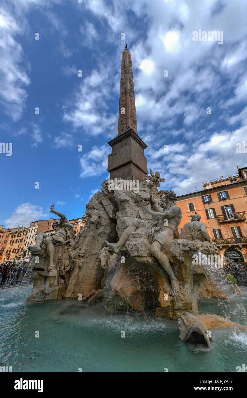 Rome, Italy - Mar 23, 2018: Four Rivers Fountain in Piazza Navona, Rome, Italy, Europe. Stock Photo