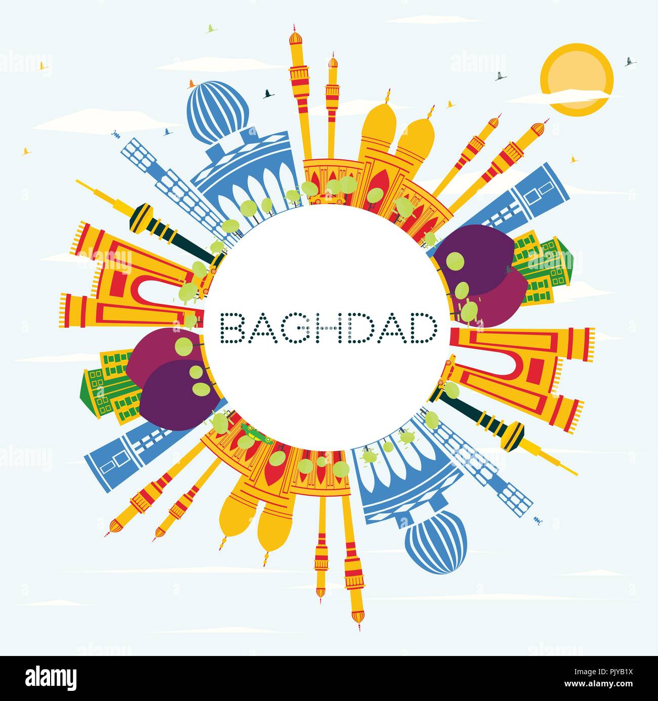 Baghdad Iraq City Skyline with Color Buildings, Blue Sky and Copy Space. Vector Illustration. Stock Vector