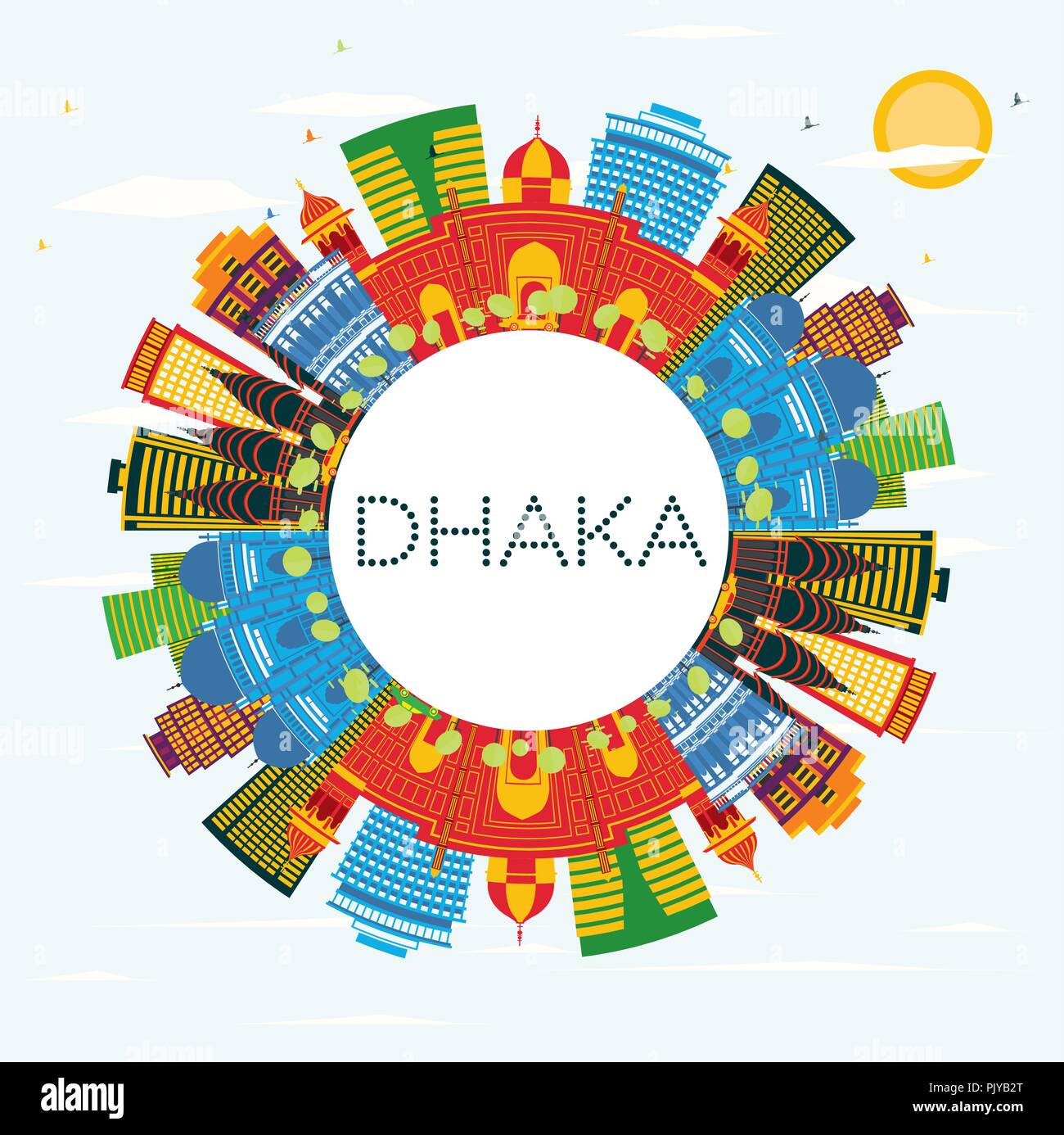 Dhaka Bangladesh City Skyline with Color Buildings, Blue Sky and Copy Space. Vector Illustration. Stock Vector