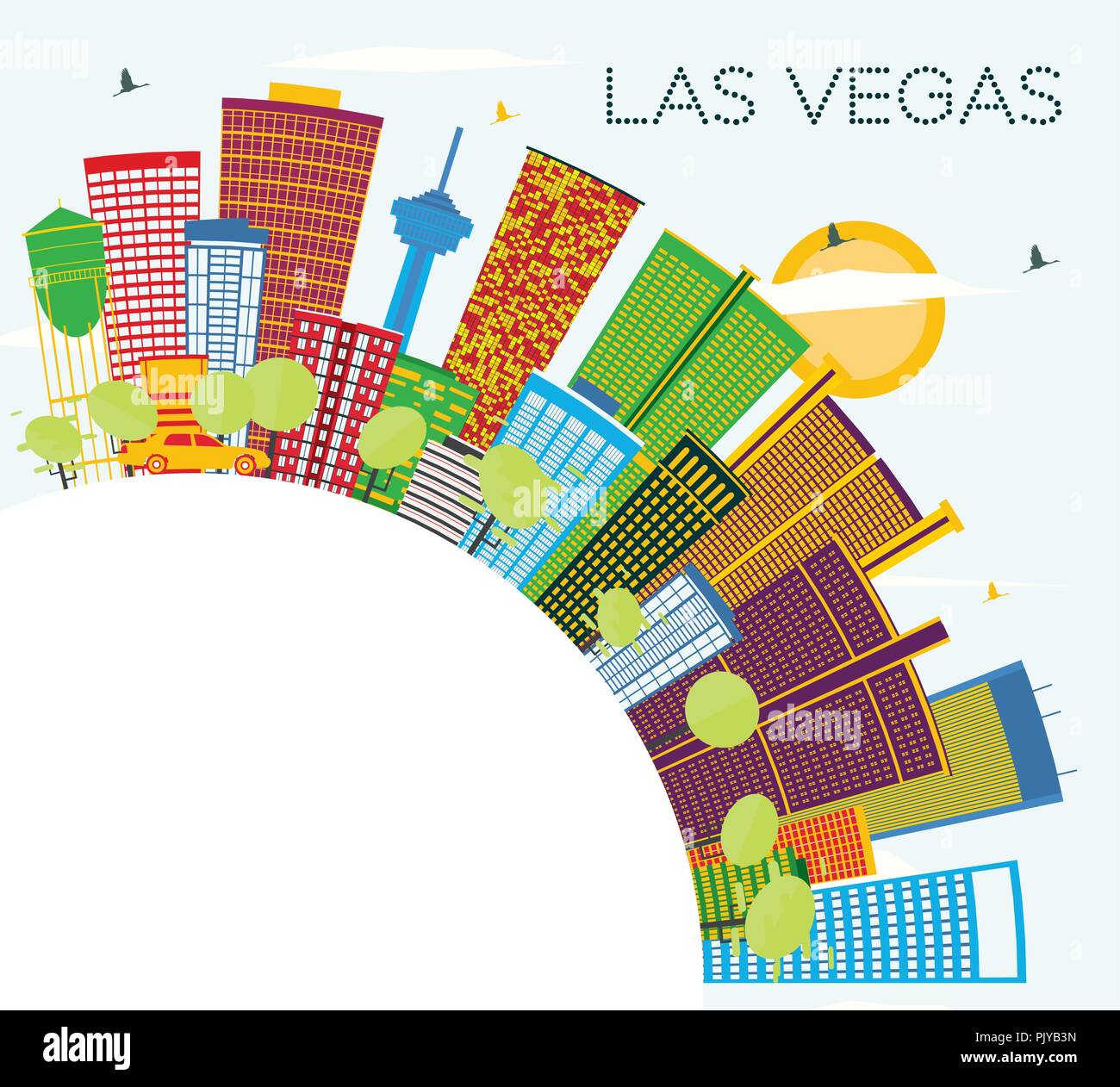 Las Vegas City Skyline with Color Buildings, Blue Sky and Copy Space. Vector Illustration. Stock Vector