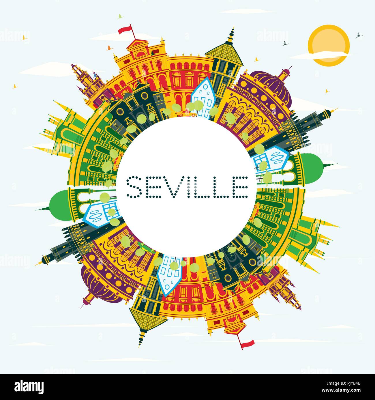 Seville Spain City Skyline with Color Buildings, Blue Sky and Copy Space. Vector Illustration. Stock Vector