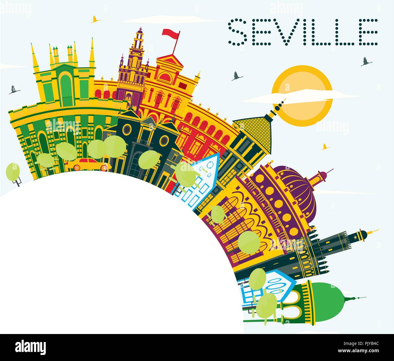 Seville Spain City Skyline with Color Buildings, Blue Sky and Copy Space. Vector Illustration. Stock Vector
