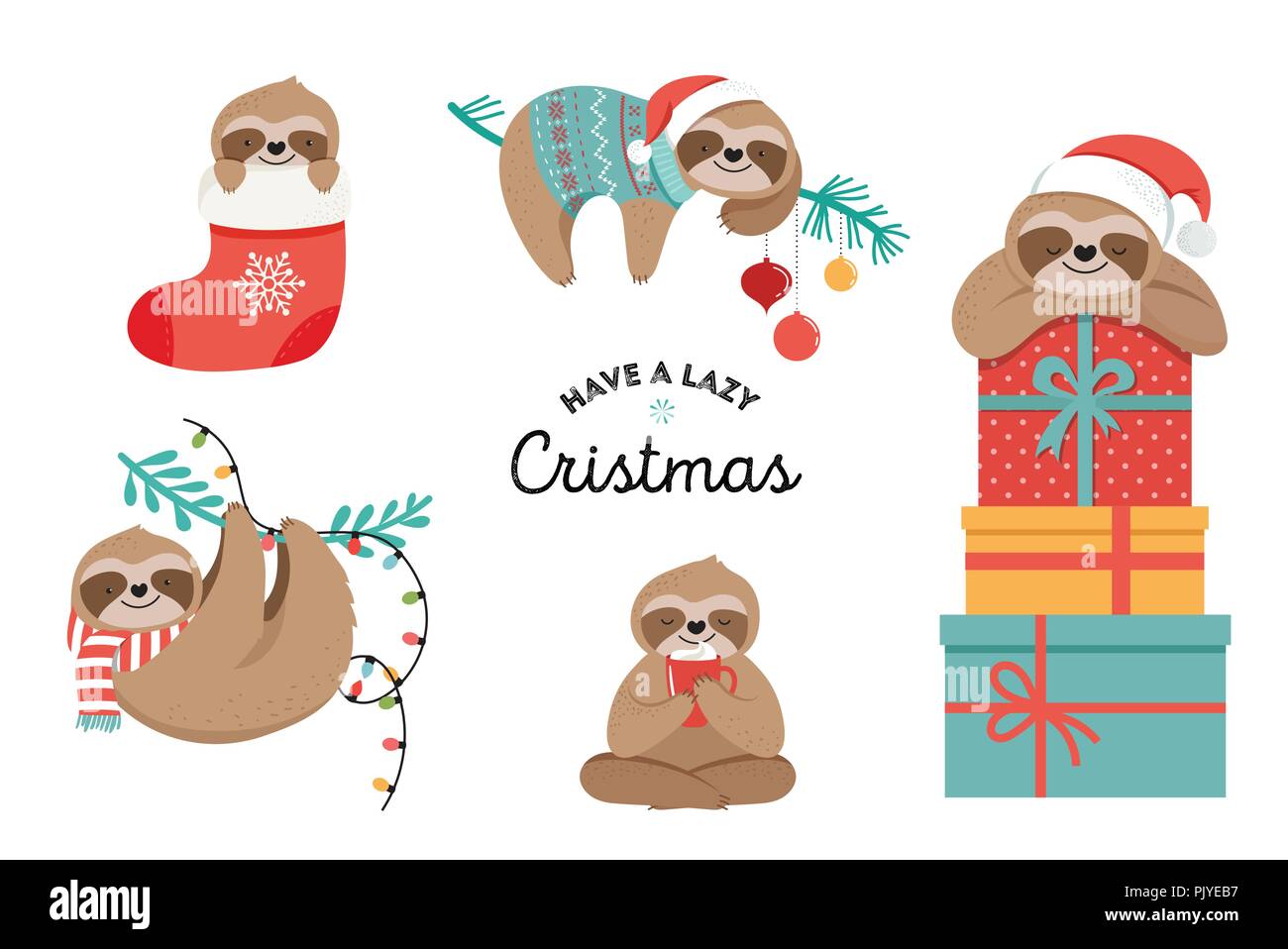Cute sloths, funny Christmas illustrations with Santa Claus costumes, hat and scarfs, greeting cards set, banner Stock Vector