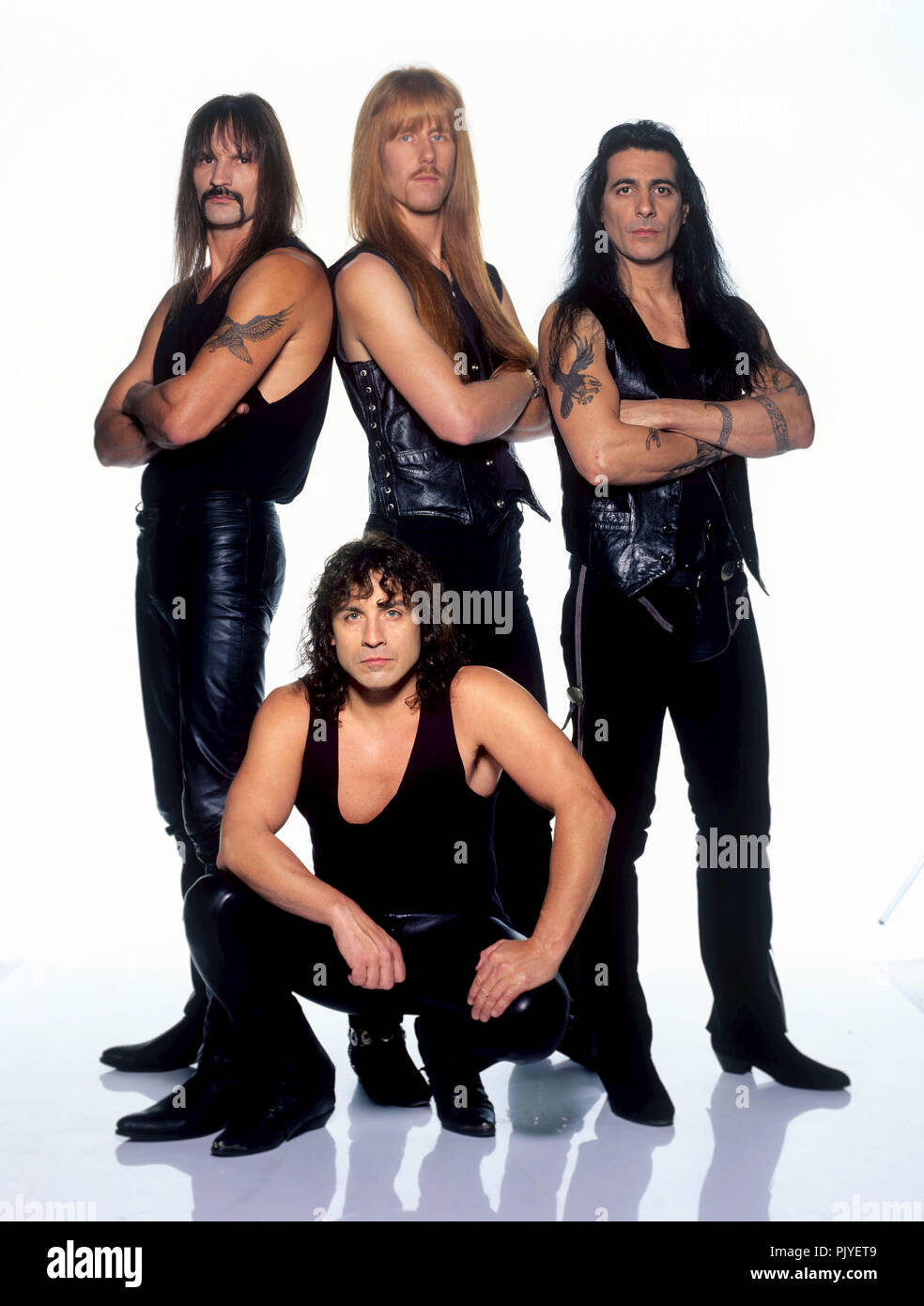 Manowar (v.l. Scott Columbus, Karl Logan, Joey DeMaio, vorne Eric Adams) on 26.09.1996 in München / Munich. | usage worldwide Stock Photo