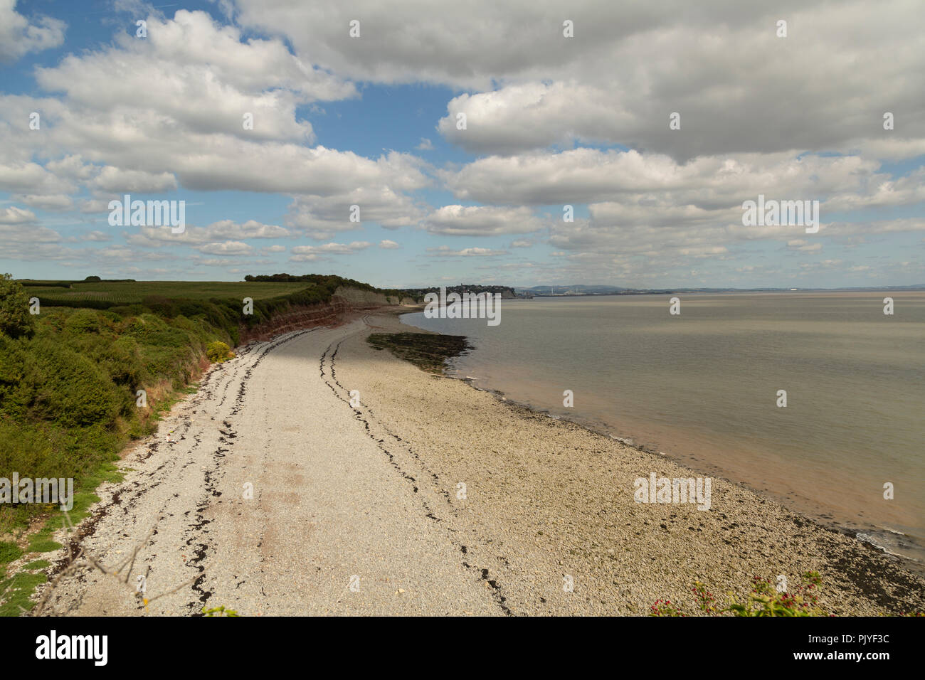 Looking east along the coast from Lavernock Point towards Cardiff, Glamorgan, Wales, UK Stock Photo