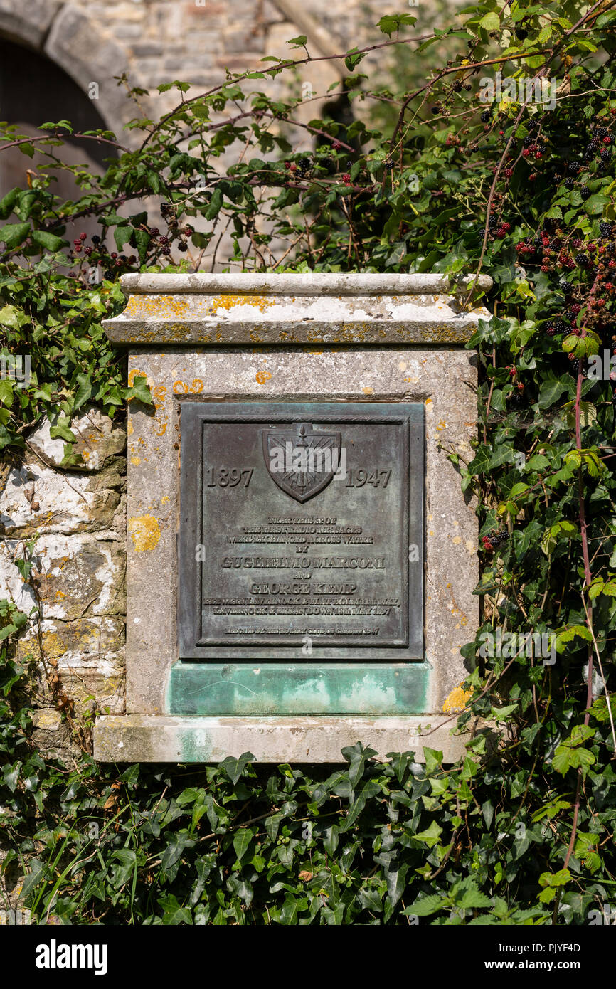 Plaque at Lavernock Point commemorating the first radio message, between Lavernock and Flat Holm Island, by Marconi and Kemp, in 1897 Stock Photo