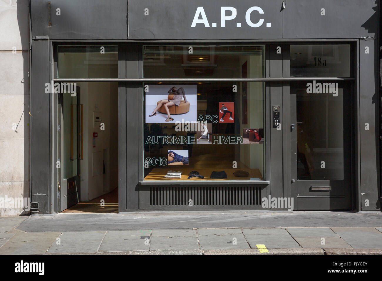 Parisian purveyors of French classic brand A.P.C. founded by Mr Jean Touitou in 1987, opens its UK flagship store on Lexington Street in Soho, London. Stock Photo