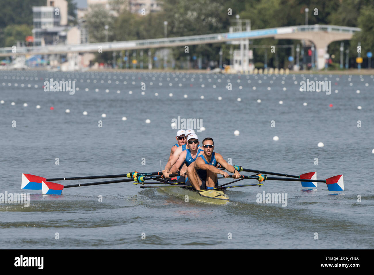 Plovdiv, Bulgaria, Sunday, 9th September 2018. FISA, World Rowing Championships, USA, M4-,  Bow, Alexander RICHARDS, Clougher MICHAEL, Nicholas MEAD and Dan AGHAI, Start of a heat  of the  Men's Four,  © Peter SPURRIER, Alamy Live  News, Stock Photo