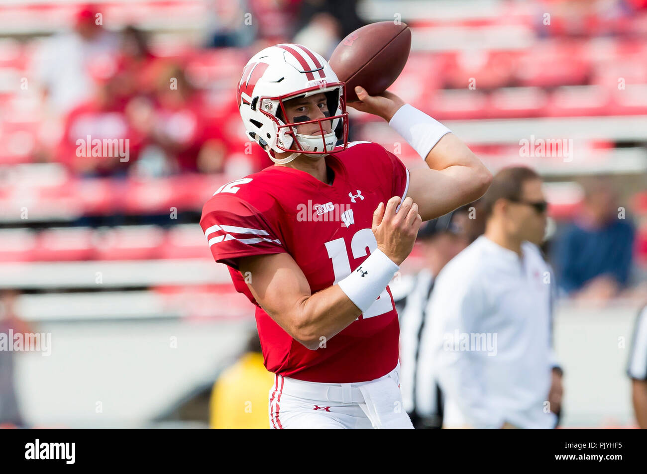 Madison, WI, USA. 8th Sep, 2018. Wisconsin Badgers quarterback Alex Hornibrook #12 warms up before the NCAA Football game between the New Mexico Lobos and the Wisconsin Badgers at Camp Randall Stadium in Madison, WI. Wisconsin defeated New Mexico 45-14. John Fisher/CSM/Alamy Live News Stock Photo