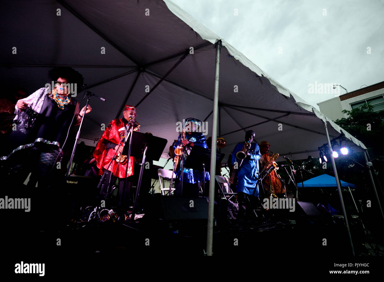 Philadelphia, USA. 08th Sep, 2018. Saxophonist Marshall Allen leads the cosmic and experimental jazz ensemble Sun Ra Arkestra during a performance in Philadelphia, PA, on September 8, 2018. Stock Photo