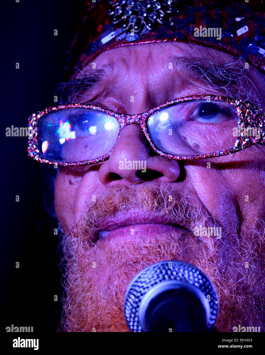 Philadelphia, USA. 08th Sep, 2018. Saxophonist Marshall Allen leads the cosmic and experimental jazz ensemble Sun Ra Arkestra during a performance in Philadelphia, PA, on September 8, 2018. Stock Photo