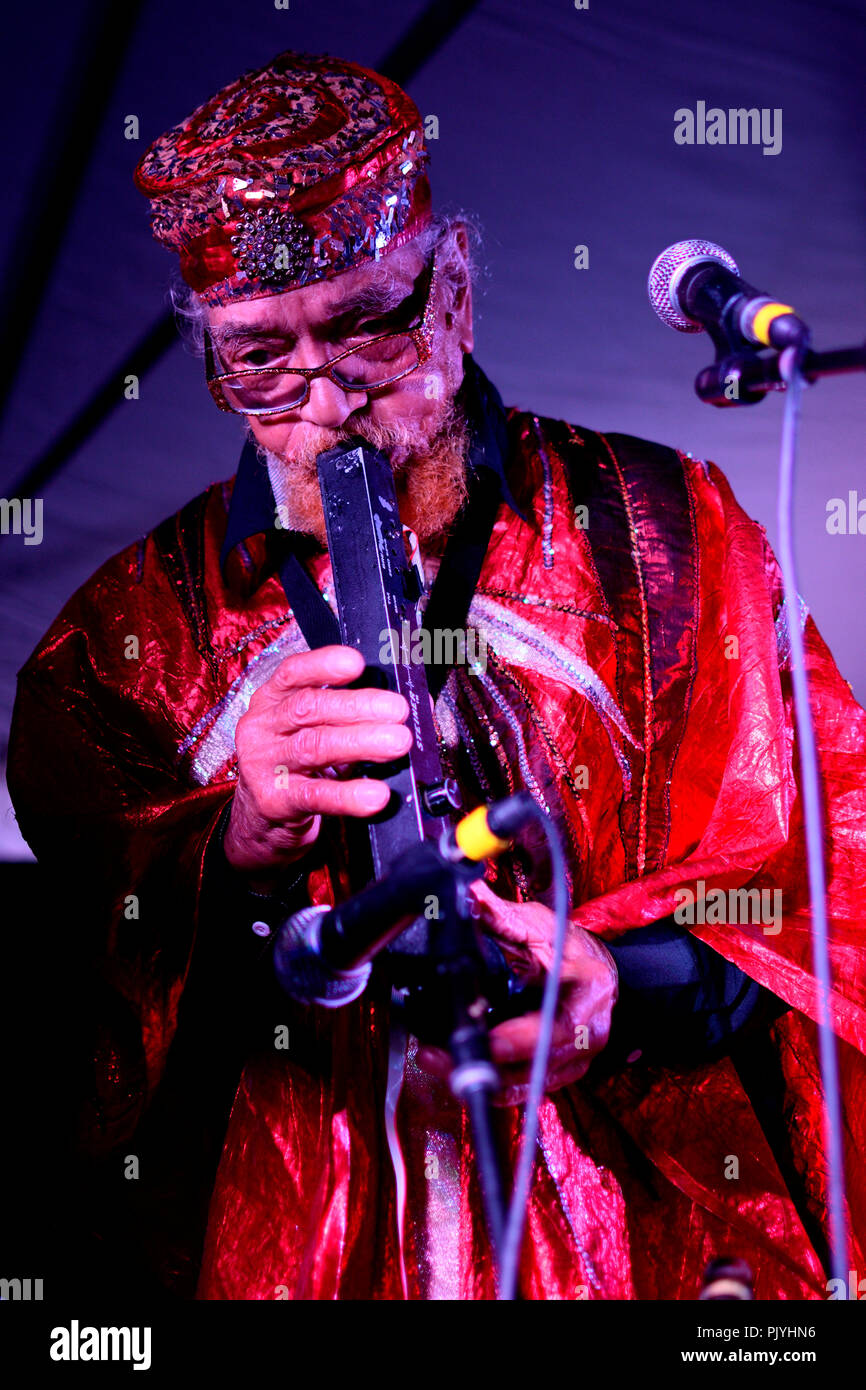 Philadelphia, USA. 08th Sep, 2018. Saxophonist Marshall Allen leads the cosmic and experimental jazz ensemble Sun Ra Arkestra during a performance in Philadelphia, PA, on September 8, 2018. Stock Photo