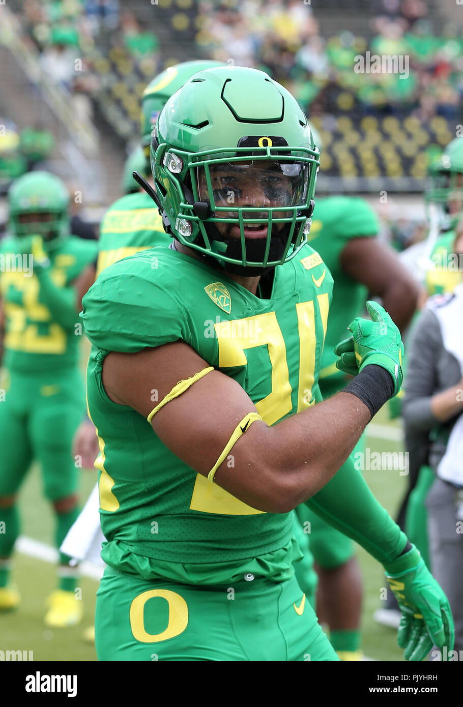 Oregon USA. 8th Sep, 2018. Oregon Ducks linebacker Keith Simms (24) during warmups before the NCAA football game between the Portland State Vikings and the Oregon Ducks at Autzen Stadium, Eugene, OR. Larry C. Lawson/CSM/Alamy Live News Stock Photo