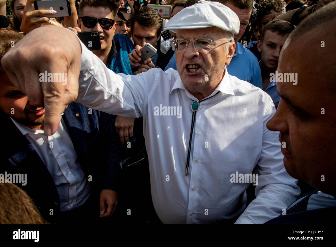 Moscow, Russia. 9th September 2018. Vladimir Zhirinovsky, ultranationalist Liberal Democratic Party leader, center, speaks with protesters during a rally on Pushkinskaya square in Moscow, Russia Credit: Nikolay Vinokurov/Alamy Live News Stock Photo