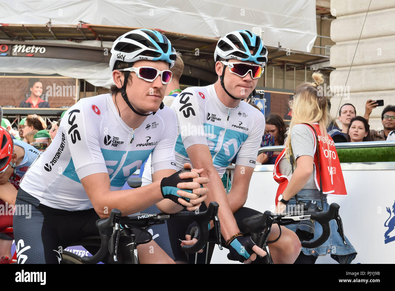 London, UK. 09th Sep, 2018. Gearing Thomas and Christopher Froome of Team Sky at the Start during 2018 OVO Energy Tour of Britain - Stage Eight: The London Stage on Sunday, September 09, 2018, LONDON ENGLAND: Credit: Taka Wu/Alamy Live News Stock Photo