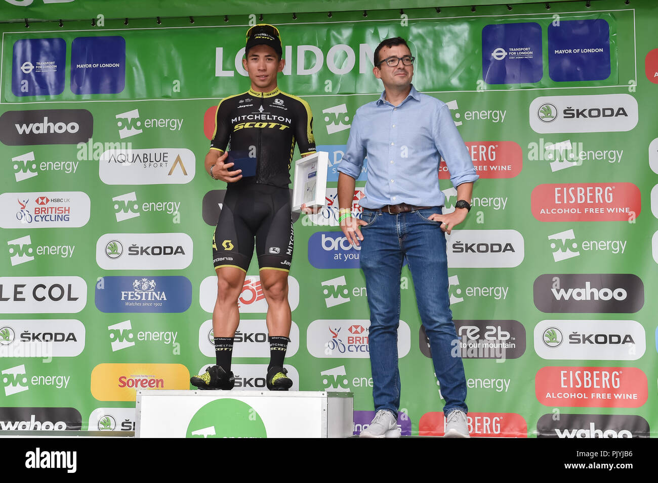 London, UK. 09th Sep, 2018. Caleb Ewan of Mitchelton - Scott won the OVO Energy Individual General Classification for the Stage 8 - London Stage at Winner's Presentation during 2018 OVO Energy Tour of Britain - Stage Eight: The London Stage on Sunday, September 09, 2018, LONDON ENGLAND: Credit: Taka Wu/Alamy Live News Stock Photo