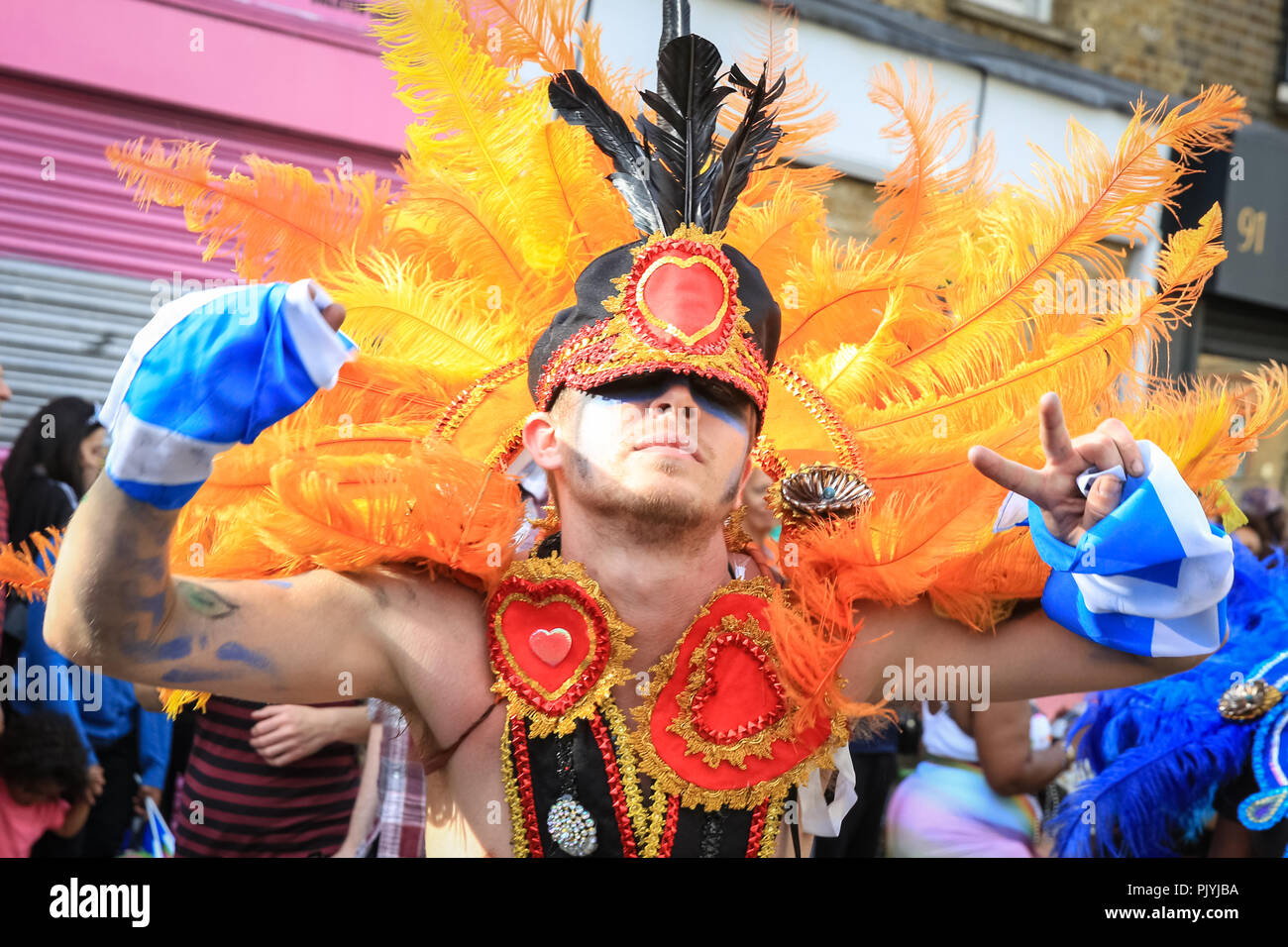 Hackney, London, 9th Sep 2018. A performer on the route. The annual Hackney Carnival sees over 1,000 performers, dancers and musicians participate in the festivities in the North London suburb. The carnival, originally with Afro-Caribbean roots, includes many local communities but also attracts revellers and performers from a variety of other cultural backgrounds. Credit: Imageplotter News and Sports/Alamy Live News Stock Photo