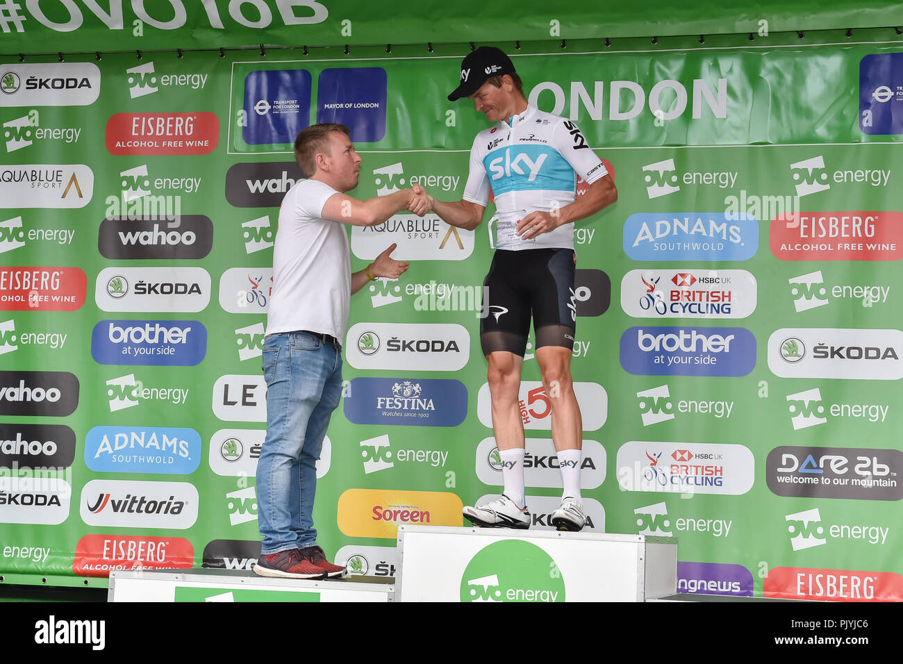 London, UK. 09th Sep, 2018. Vasil Kiryienka of Team Sky won the High5 Combativity Award for Stage 8 at Winner's Presentation during 2018 OVO Energy Tour of Britain - Stage Eight: The London Stage on Sunday, September 09, 2018, LONDON ENGLAND: Credit: Taka Wu/Alamy Live News Stock Photo