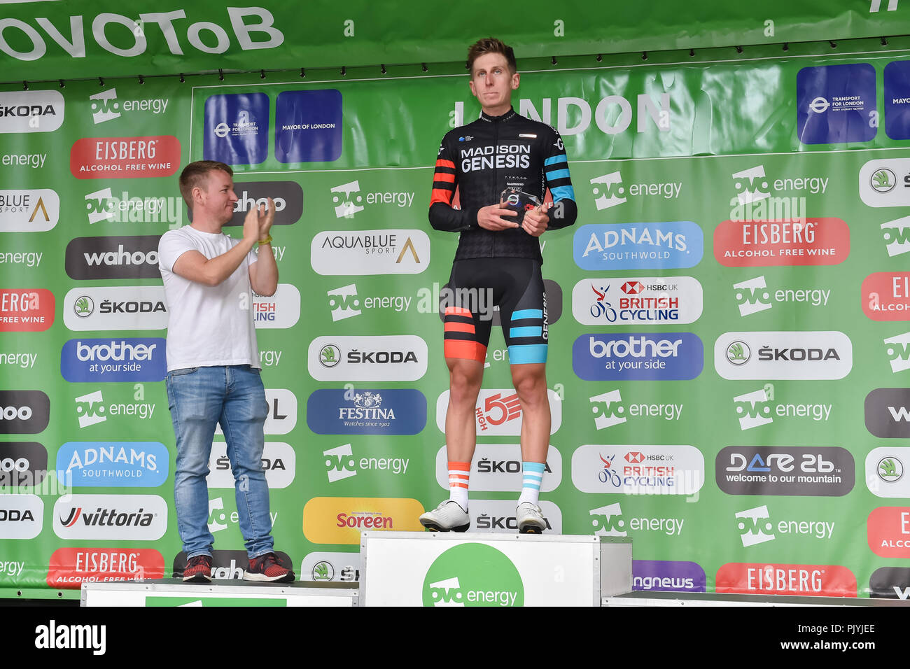 London, UK. 09th Sep, 2018. Matthew Holmes of Madison Genesis won the High5 Overall Combativity Award at Winner's Presentation during 2018 OVO Energy Tour of Britain - Stage Eight: The London Stage on Sunday, September 09, 2018, LONDON ENGLAND: Credit: Taka Wu/Alamy Live News Stock Photo