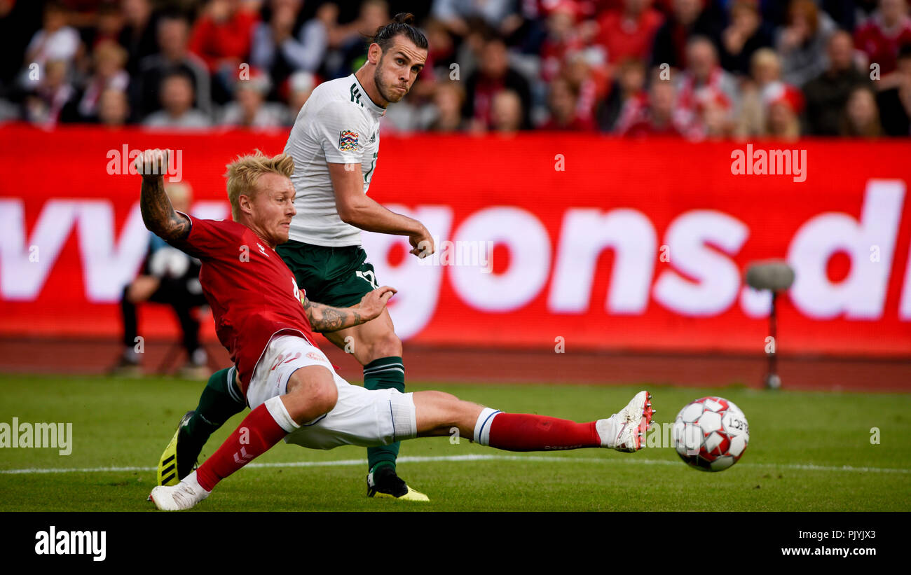 Aarhus, Denmark. 09th Sep, 2018. Denmark v Wales, Uefa Nations League, Ceres Park, Aarhus, 9/9/18: Wales' Gareth Bale attacks Denmark Credit: Andrew Dowling/Influential Photography/Alamy Live News Stock Photo