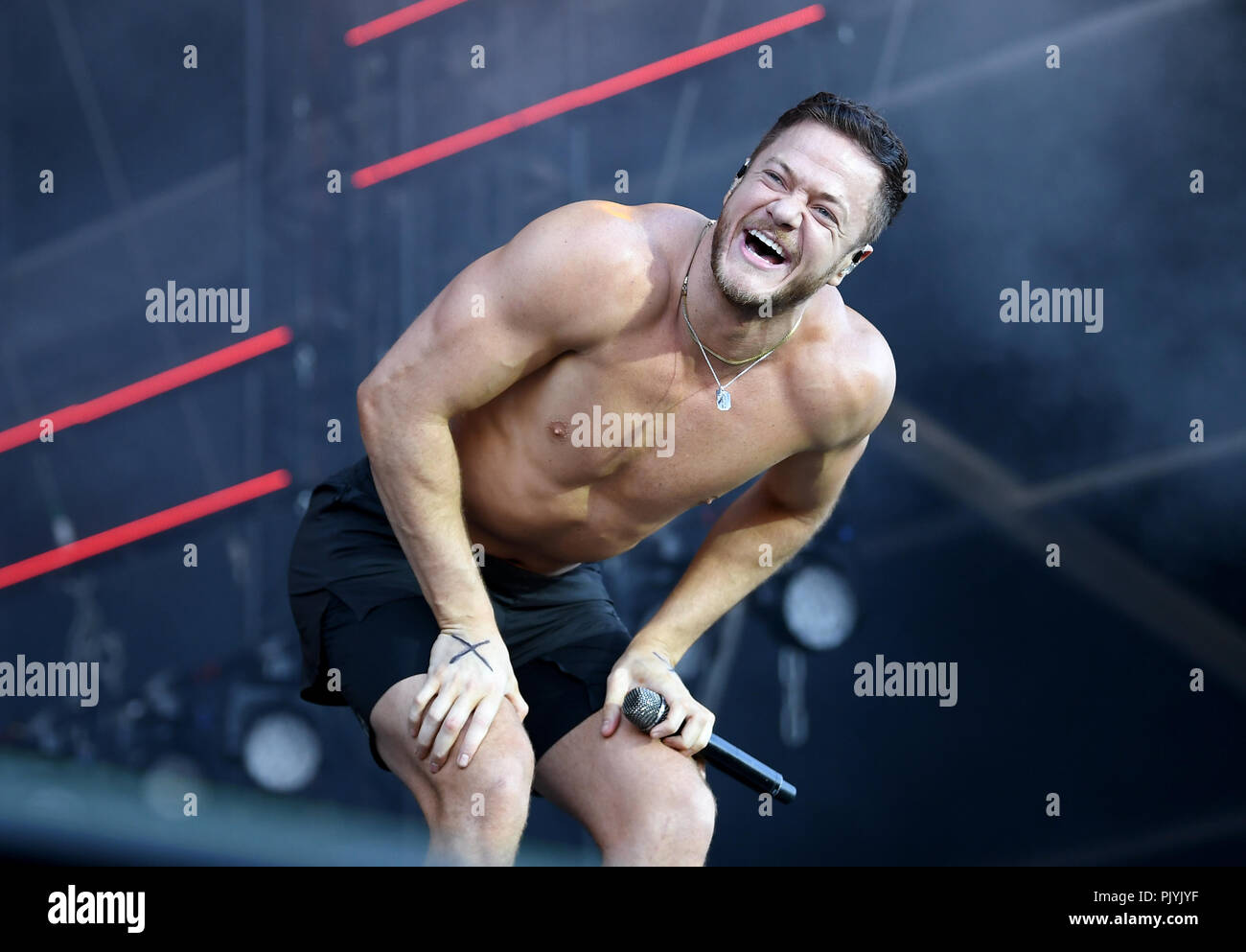 Berlin, Germany. 09th Sep, 2018. Dan Reynolds, singer of the American rock band Imagine Dragons, performing on stage at the music festival Lollapalooza on the grounds of the Olympic Park. Credit: Britta Pedersen/dpa-Zentralbild/dpa/Alamy Live News Stock Photo