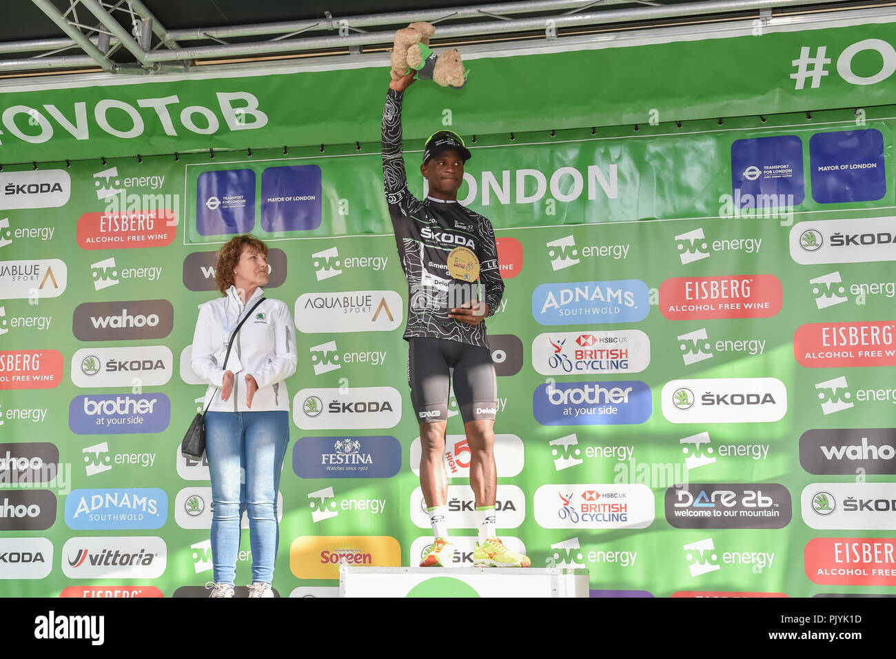 London, UK. 09th Sep, 2018. Nicholas Dlamini of Team Dimension Data is the Skoda King of the Mountains Classification winner at Winner's Presentation during 2018 OVO Energy Tour of Britain - Stage Eight: The London Stage on Sunday, September 09, 2018, LONDON ENGLAND. Credit: Taka Wu/Alamy Live Stock Photo