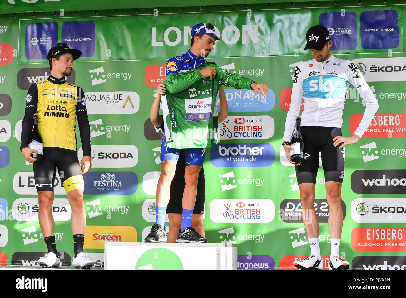 London, UK. 09th Sep, 2018. Julian Alaphilippe (Quick-Step Floors) was crowned the 2018 OVO Energy Tour of Britain in London on Sunday as Team Sky's Wout Poels won the 2nd and Team Lotto NL - Jumbo's Primoz Roglic in 3rd place on final stage at the Winner's Presentation during 2018 OVO Energy Tour of Britain - Stage Eight: The London Stage on Sunday, September 09, 2018, LONDON ENGLAND: Credit: Taka Wu/Alamy Live News Stock Photo