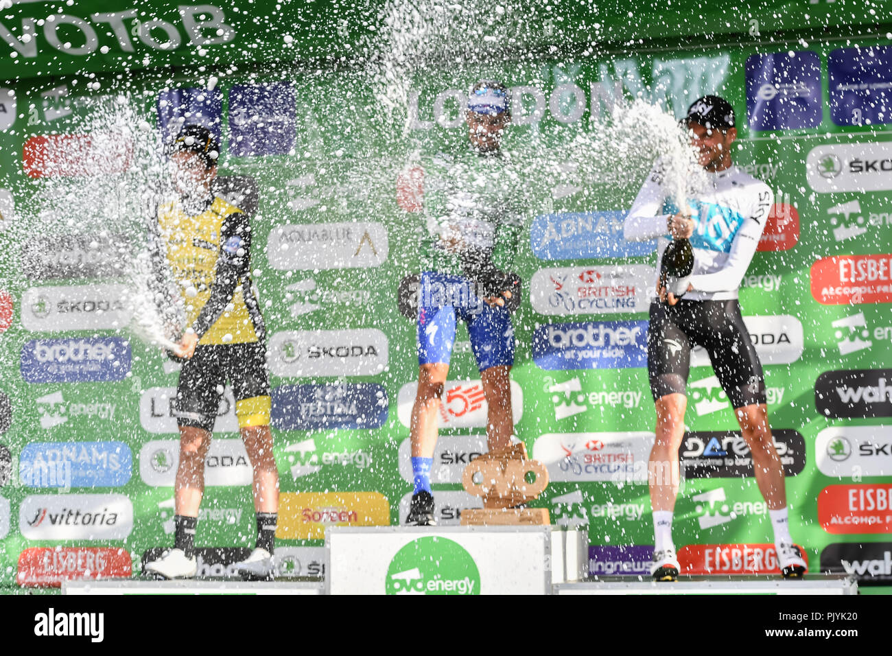 London, UK. 09th Sep, 2018. Julian Alaphilippe (Quick-Step Floors) was crowned the 2018 OVO Energy Tour of Britain as Team Sky's Wout Poels won the 2nd and Team Lotto NL - Jumbo's Primoz Roglic in 3rd place on final stage are celebrating after the final race during 2018 OVO Energy Tour of Britain - Stage Eight: The London Stage on Sunday, September 09, 2018, LONDON ENGLAND: Credit: Taka Wu/Alamy Live News Stock Photo