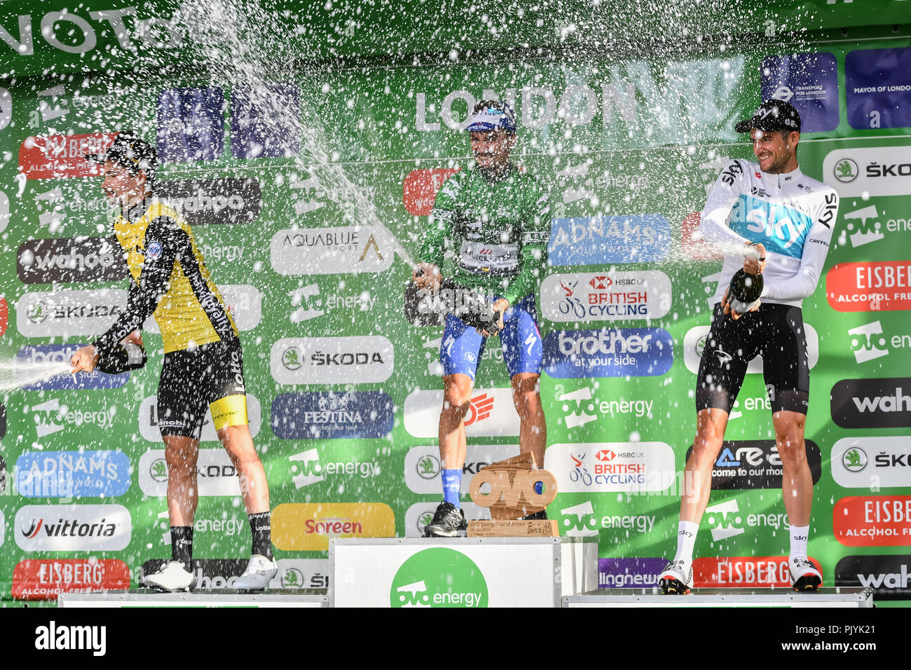 London, UK. 09th Sep, 2018. Julian Alaphilippe (Quick-Step Floors) was crowned the 2018 OVO Energy Tour of Britain as Team Sky's Wout Poels won the 2nd and Team Lotto NL - Jumbo's Primoz Roglic in 3rd place on final stage are celebrating after the final race during 2018 OVO Energy Tour of Britain - Stage Eight: The London Stage on Sunday, September 09, 2018, LONDON ENGLAND: Credit: Taka Wu/Alamy Live News Stock Photo