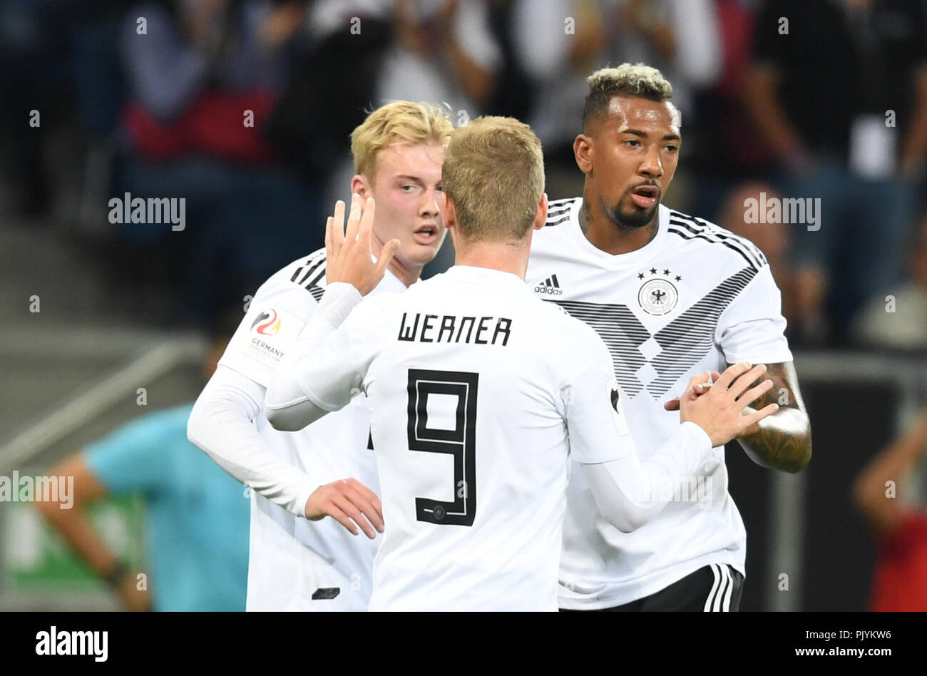 Julian Brandt from Germany. Timo Werner of Germany and Jerome Boateng of Germany (lr) celebrate the 1: 1. GES/Football/Friendly Match: Germany - Peru, 09.09.2018 Football/Soccer: Friendly match: Germany vs Peru, Sinsheim, September 9, 2018 | usage worldwide Stock Photo
