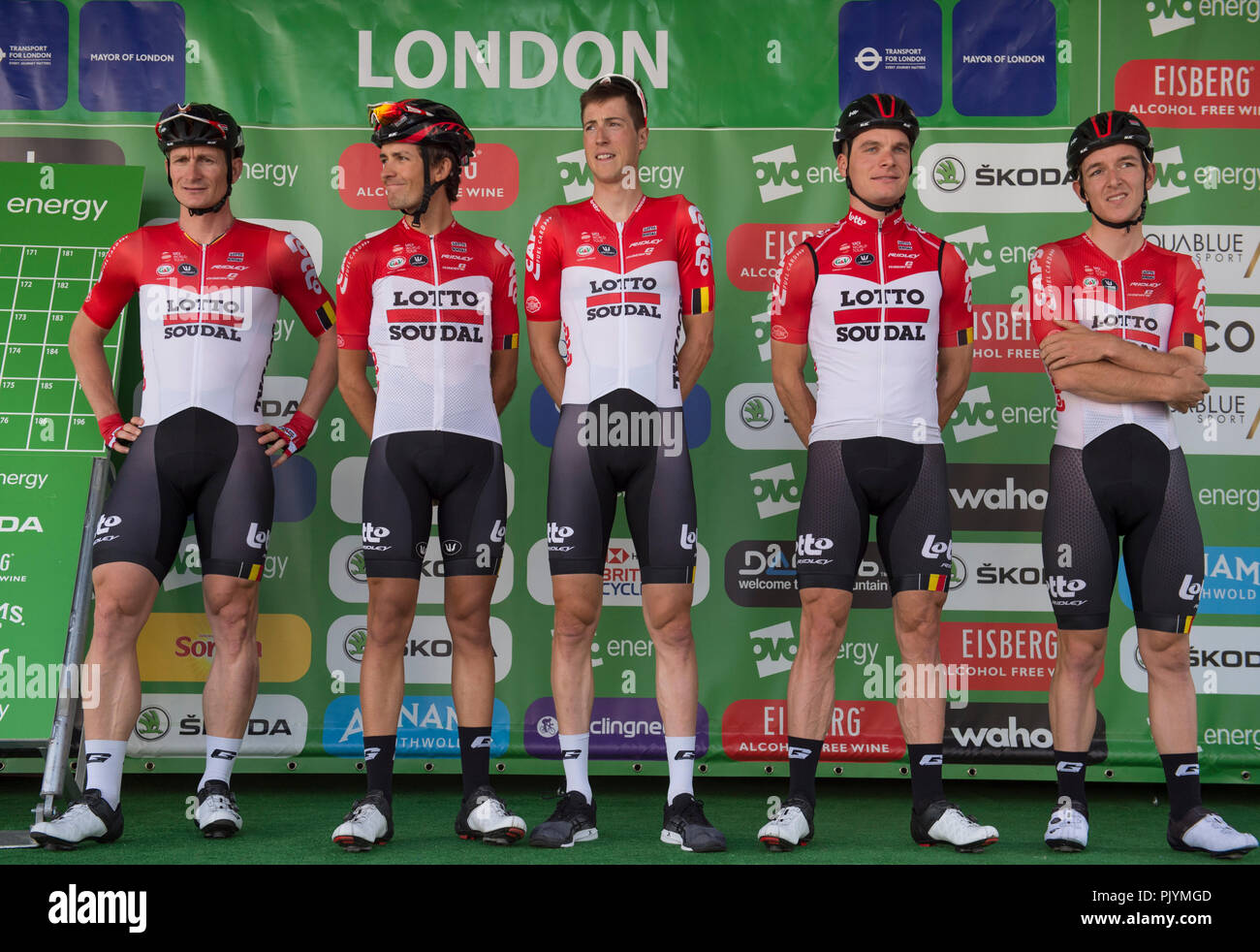 London, UK. 9 September, 2018. The OVO Energy Tour of Britain London Stage 8 concludes with a 14 lap circuit in central London on closed roads in front of large crowds and covering 77km at speeds of up to 80kph, starting and finishing on Regent Street St James’s close to Piccadilly Circus. Team Lotto Soudal are introduced to the crowds before race start. Credit: Malcolm Park/Alamy Live News. Stock Photo