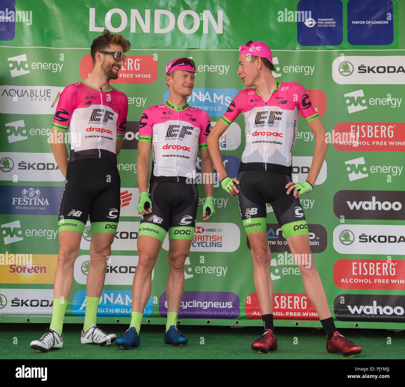 London, UK. 9 September, 2018. The OVO Energy Tour of Britain London Stage 8 concludes with a 14 lap circuit in central London on closed roads in front of large crowds and covering 77km at speeds of up to 80kph, starting and finishing on Regent Street St James’s close to Piccadilly Circus. Team am Ef Education First - Drapac P/B Cannondale are introduced to the crowds before race start. Credit: Malcolm Park/Alamy Live News. Stock Photo