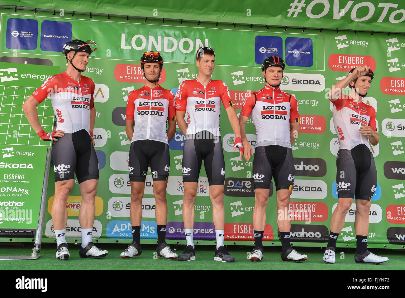 London, UK. 9th Sept 2018. Tea Lotto - Soudal - Jasper De Buyst, André Greipel, Moreno Hofland, James Shaw, Jens Keukeleire and Jelle Vanendert at team presentation during 2018 OVO Energy Tour of Britain - Stage Eight: The London Stage on Sunday, September 09, 2018, LONDON ENGLAND: Credit: Taka Wu/Alamy Live News Stock Photo