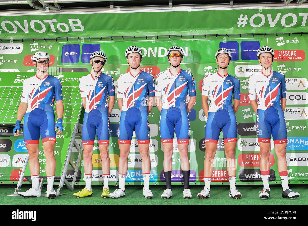 London, UK. 9th Sept 2018. Team of Great Britain - Ben Swift, Matthew Bostock, Ethan Hayter, Joe Nally, Stephen Williams and Fred Wrightat the team presentation during 2018 OVO Energy Tour of Britain - Stage Eight: The London Stage on Sunday, September 09, 2018, LONDON ENGLAND: Credit: Taka Wu/Alamy Live News Stock Photo