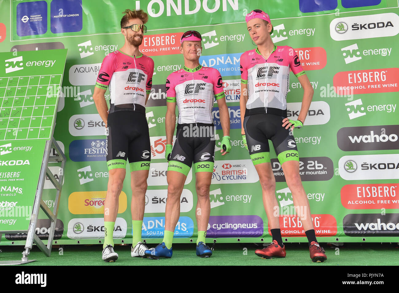 London, UK. 9th Sept 2018. Team EF Education First - Drapac P/B Cannondale  (Dan McLay, Matti Breschel, Hugh Carthy, José Neves, Taylor Phinney and Sacha Modolo) at team presentation during 2018 OVO Energy Tour of Britain - Stage Eight: The London Stage on Sunday, September 09, 2018, LONDON ENGLAND: Credit: Taka Wu/Alamy Live News Stock Photo