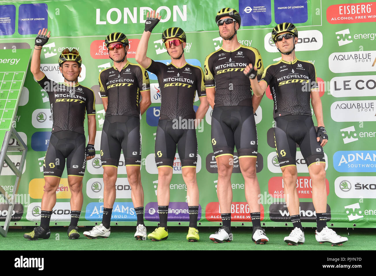 London, UK. 9th Sept 2018. Team Mitchelton - Scott (Caleb Ewan, Lucas Hamilton, Roger Kluge, Cameron Meyer, Robert Power and Mikel Nieve) at the team presentation during 2018 OVO Energy Tour of Britain - Stage Eight: The London Stage on Sunday, September 09, 2018, LONDON ENGLAND: Credit: Taka Wu/Alamy Live News Stock Photo