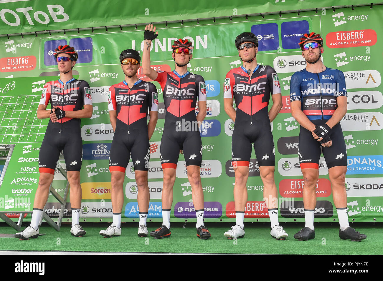 London, UK. 9th Sept 2018. Team BMC Racing Team (Stefan Küng, Patrick Bevin, Jean Pierre Drucker, Jurgen Roelandts, Miles Scotson and Tejay van Garderen) at team presentation during 2018 OVO Energy Tour of Britain - Stage Eight: The London Stage on Sunday, September 09, 2018, LONDON ENGLAND: Credit: Taka Wu/Alamy Live News Stock Photo