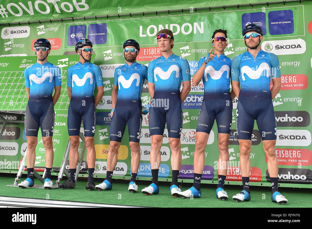 London, UK. 9th Sept 2018. Team Movistar (Jose Joaquin Rojas, Carlos Barbero, Victor de la Parte, Jasha Sutterlin, Rubén Fernández and Eduardo Sepulveda) at the team presentation during 2018 OVO Energy Tour of Britain - Stage Eight: The London Stage on Sunday, September 09, 2018, LONDON ENGLAND: Credit: Taka Wu/Alamy Live News Stock Photo