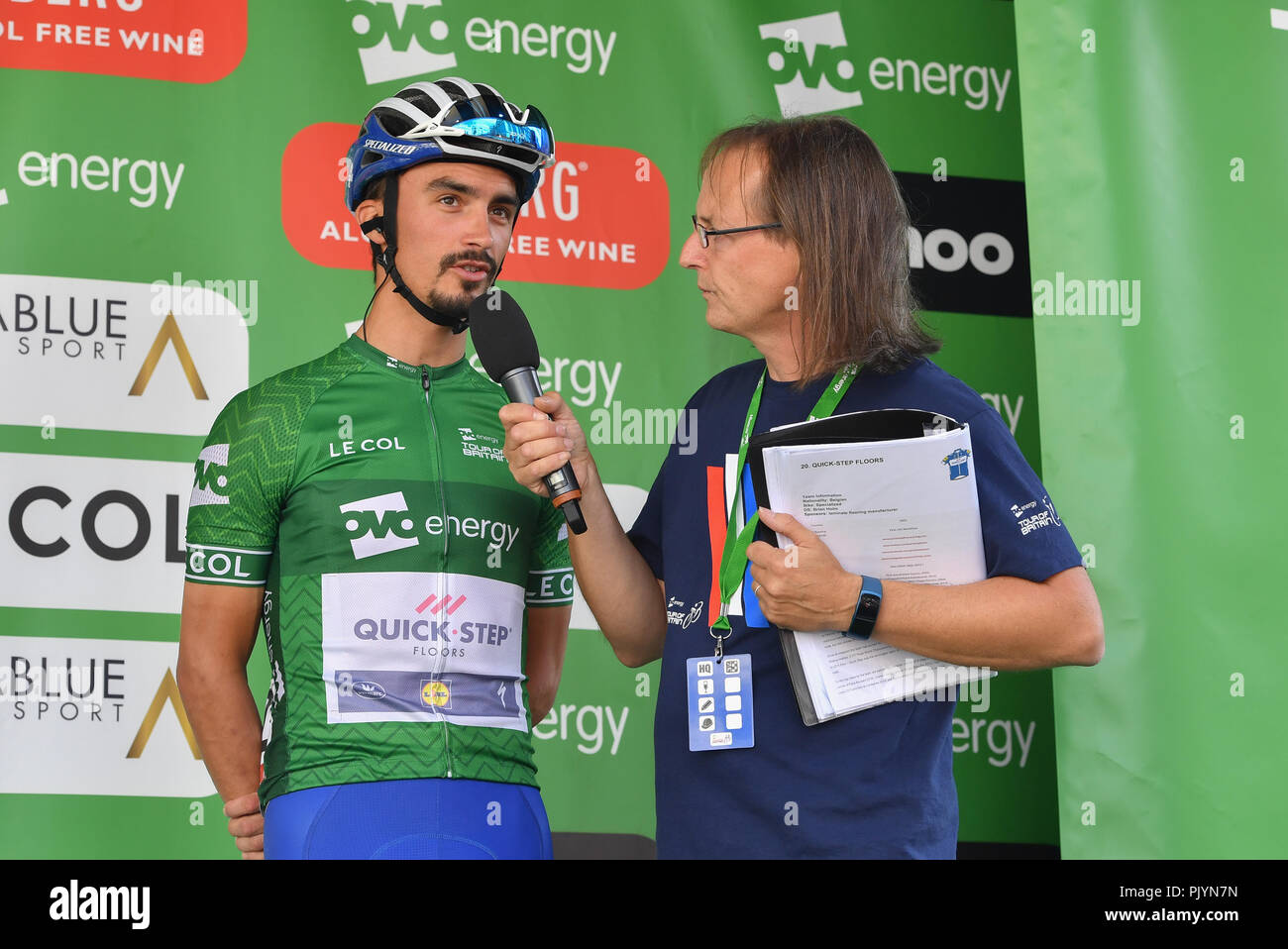 London, UK. 9th Sept 2018. Julian Alaphilippe of Quick-Step Floors was interviewed at the team presentation during 2018 OVO Energy Tour of Britain - Stage Eight: The London Stage on Sunday, September 09, 2018, LONDON ENGLAND: Credit: Taka Wu/Alamy Live News Stock Photo