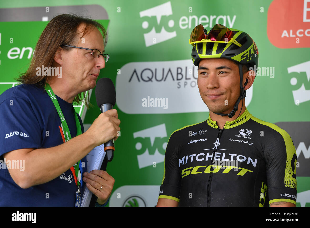 London, UK. 9th Sept 2018. Caleb Ewan of team Mitchelton - Scott was interviewed during 2018 OVO Energy Tour of Britain - Stage Eight: The London Stage on Sunday, September 09, 2018, LONDON ENGLAND: Credit: Taka Wu/Alamy Live News Stock Photo
