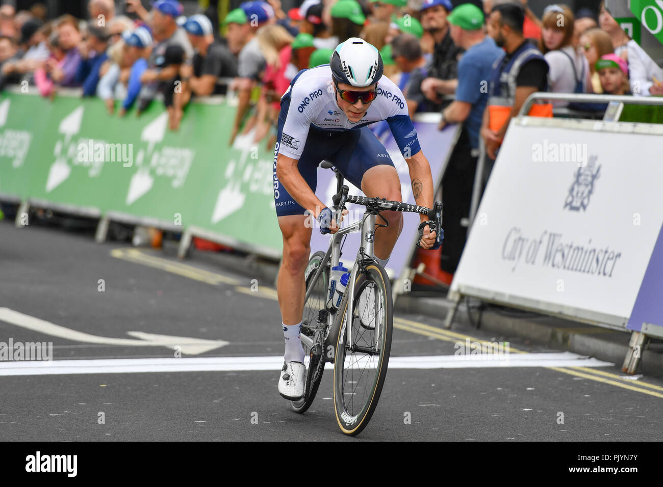 London, UK. 9th Sept 2018. Thomas Baylis of One Pro Cycling in today's action during 2018 OVO Energy Tour of Britain - Stage Eight: The London Stage on Sunday, September 09, 2018, LONDON ENGLAND: Credit: Taka Wu/Alamy Live News Stock Photo