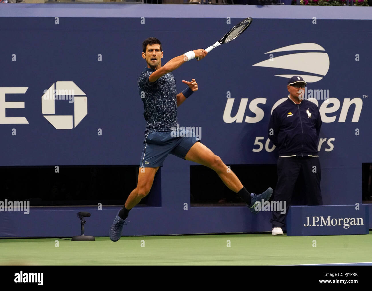 Flushing Meadows, New York, USA. September 9, 2018: US Open Tennis: Novak  Djokovic of Serbia hits a forehand return against Juan Martin del Potro in  the men's final of the US Open.