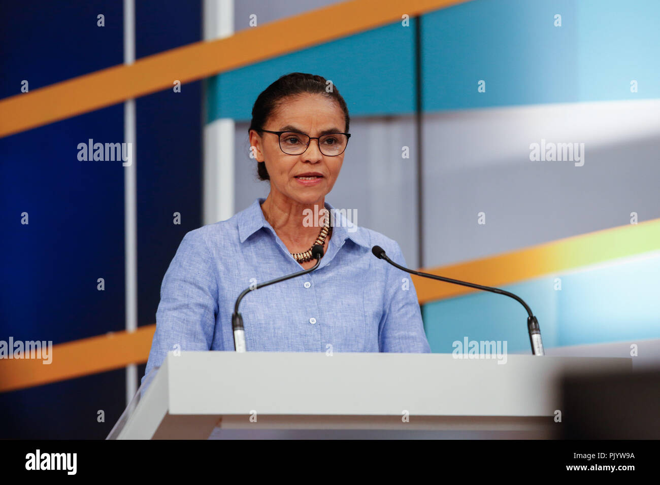 Sao Paulo, Sao Paulo, Brazil. 9th Sep, 2018. MARINA SILVA, candidate by REDE Party, takes part in the debate of the 2018 elections for President of Brazil, promoted by Twitter, O Estado de Sao Paulo newspaper, Radio Jovem Pan and Gazeta TV, at the station's studios in Sao Paulo. (Credit Image: © Paulo LopesZUMA Wire) Stock Photo