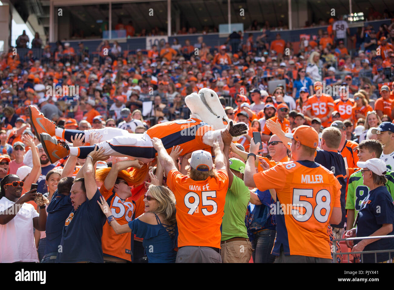 Denver, USA. September 09, 2018: Denver Broncos mascot Miles with fans during the first quarter of an NFL matchup between the Seattle Seahawks and the Denver Broncos at Broncos Stadium at Mile High Denver CO, Scott D Stivason/Cal Sport Media Credit: Cal Sport Media/Alamy Live News Stock Photo