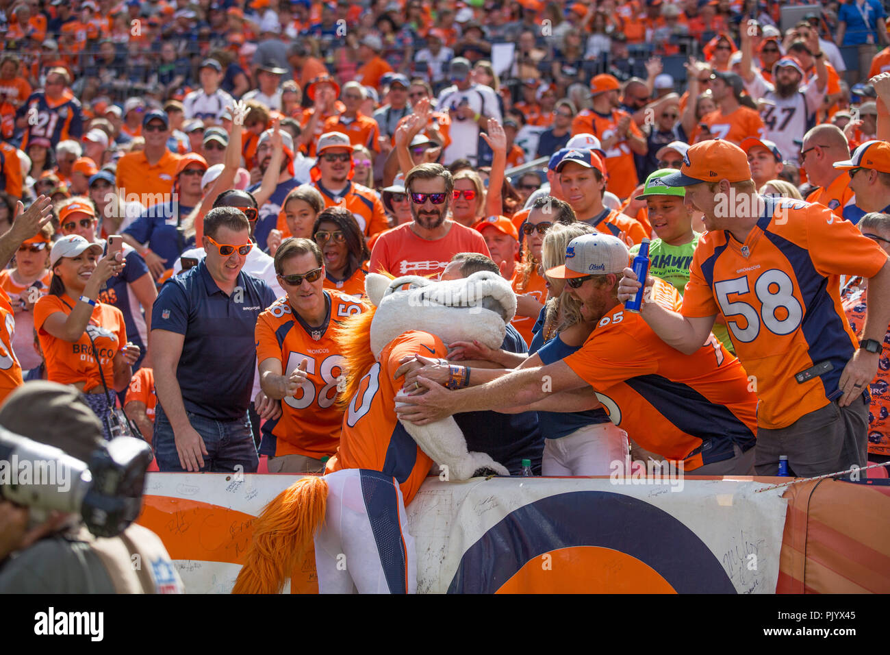 Denver, USA. September 09, 2018: Denver Broncos mascot Miles with fans during the first quarter of an NFL matchup between the Seattle Seahawks and the Denver Broncos at Broncos Stadium at Mile High Denver CO, Scott D Stivason/Cal Sport Media Credit: Cal Sport Media/Alamy Live News Stock Photo