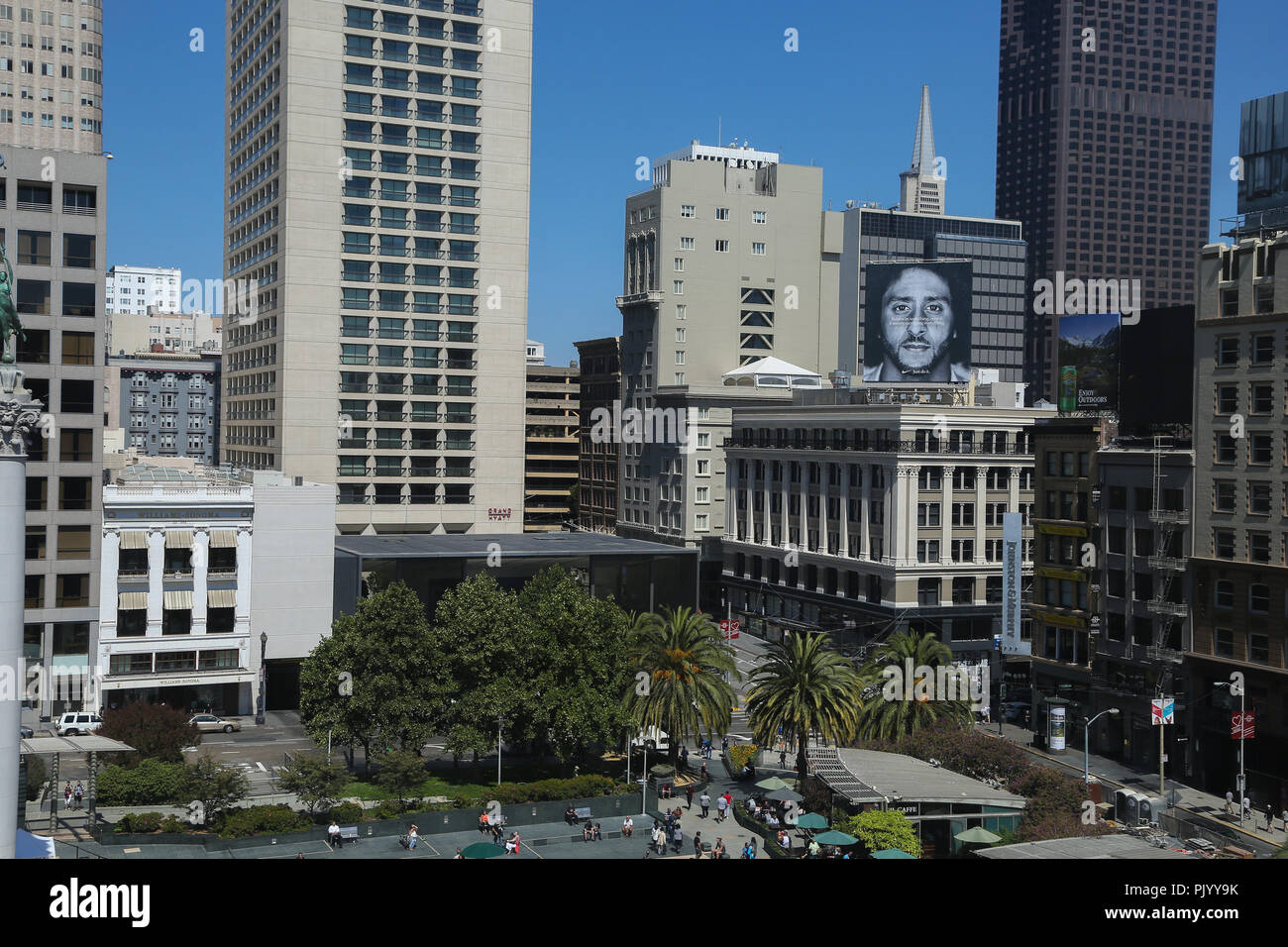San Francisco, California, USA. 9 Sept 2018 - Colin Kaepernick's Nike  sponsorship advert on top of a building in San Francisco's Union Square.  Credit: Dinendra Haria/Alamy Live News Stock Photo - Alamy
