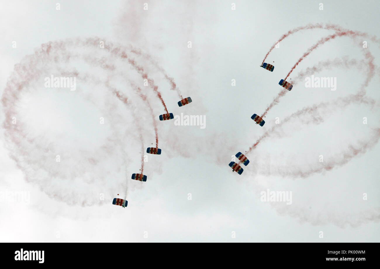 Kleine Brogel. 10th Sep, 2018. British paratroopers perform during the Belgian Air Force Day in Kleine Brogel Air Base in Belgium, on Sept. 9, 2018. Credit: Wang XiaoJun) (dtf/Xinhua/Alamy Live News Stock Photo