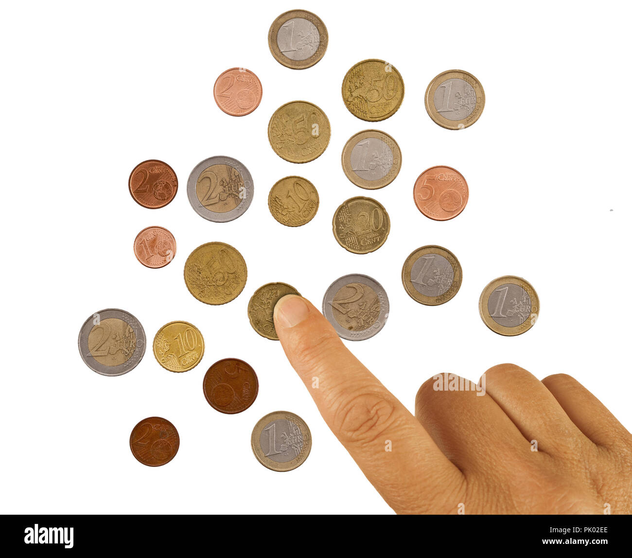 Mature, woman hand counting pennies, small change. Poverty concept. European euro coins, isolated on white. Stock Photo