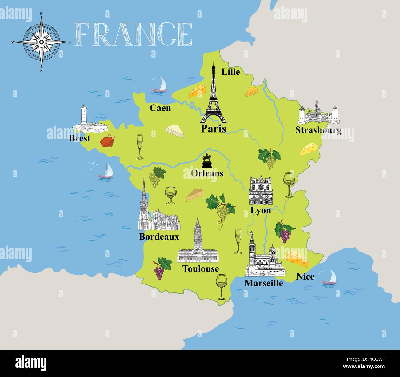 Touristic Map Of France Travel Background With Marked French 